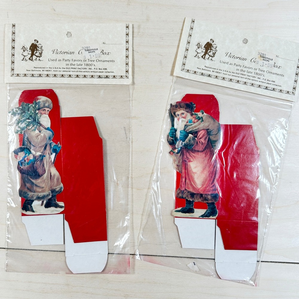 Vintage Old Print‎ Factory Victorian Santa Small Gift Boxes Christmas